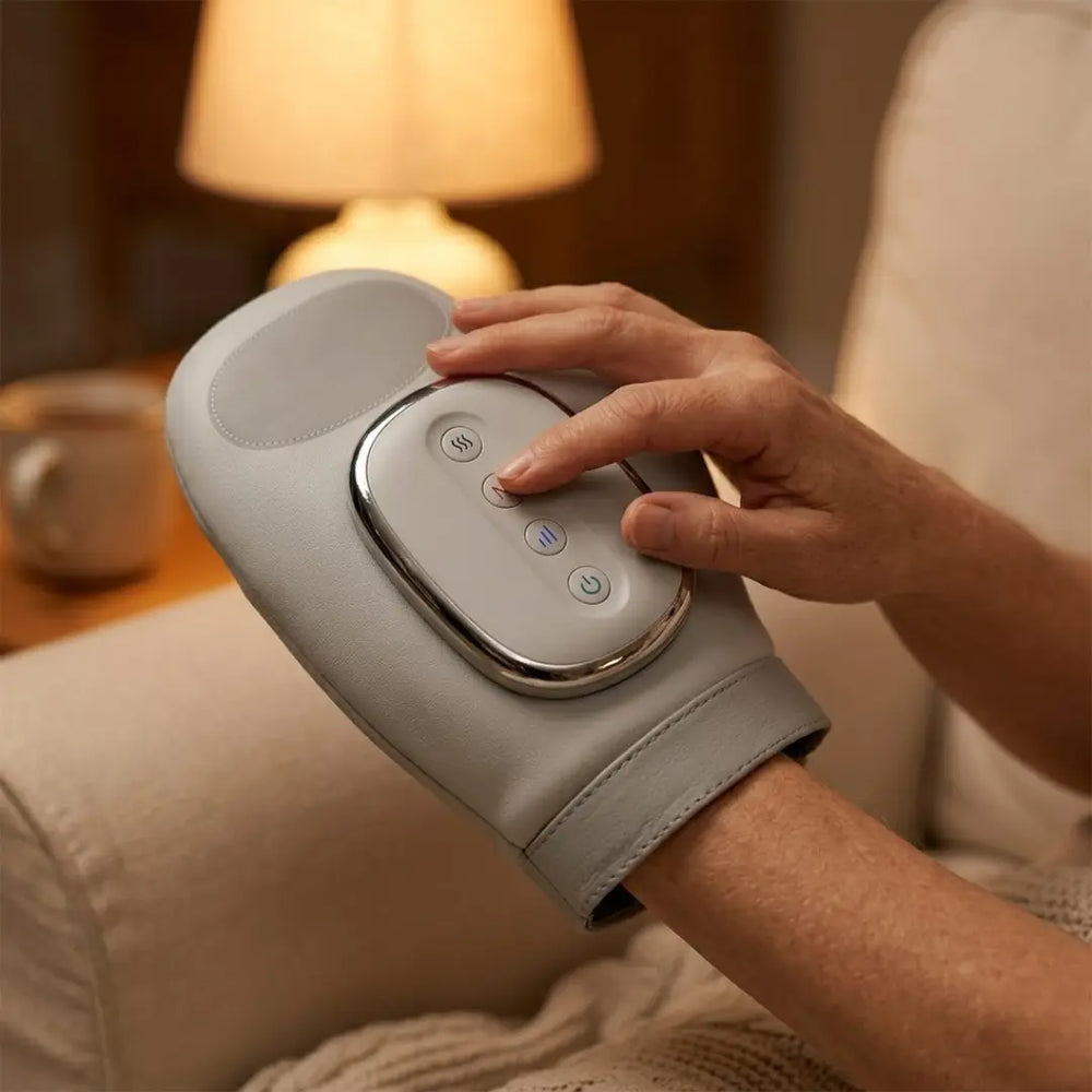Henvii 3-in-1 hand massager in use — heat, compression and massage for arthritis and carpal tunnel