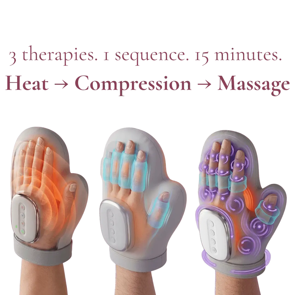 Henvii 3-in-1 hand massager in use — heat, compression and massage for arthritis and carpal tunnel