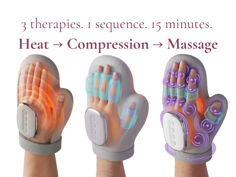 Henvii 3-in-1 hand massager in use — heat, compression and massage for arthritis and carpal tunnel